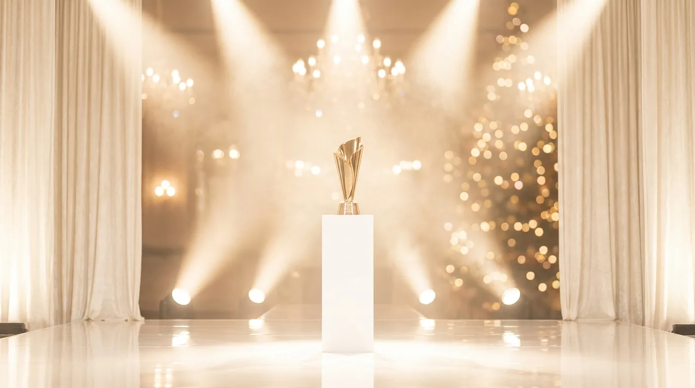 A golden trophy is displayed on a white pedestal with stage lights, representing achievement in vocational education.