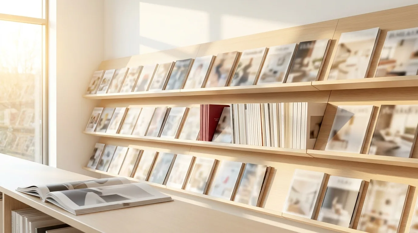 Magazines are neatly displayed on wooden shelves, providing resources for vocational education.