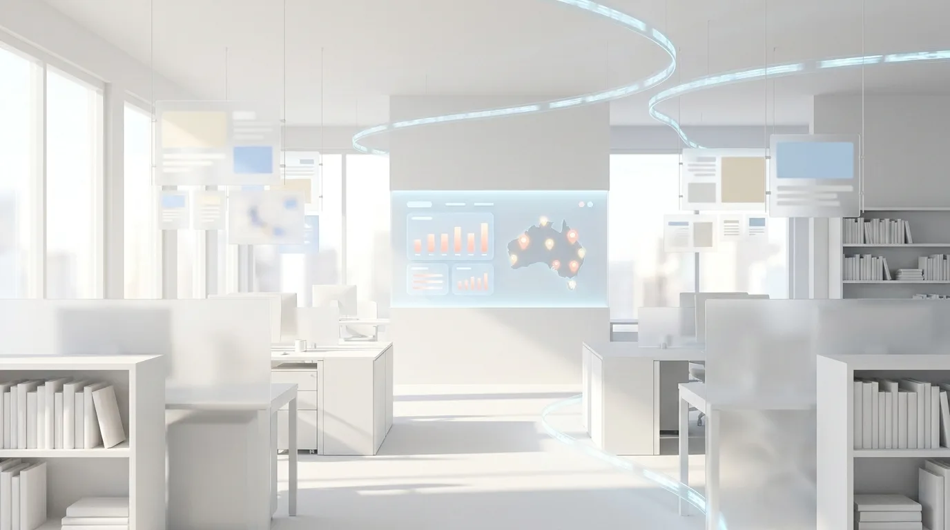 A bright modern office space shows data visualizations and minimalist furniture, reflecting innovation in vocational.