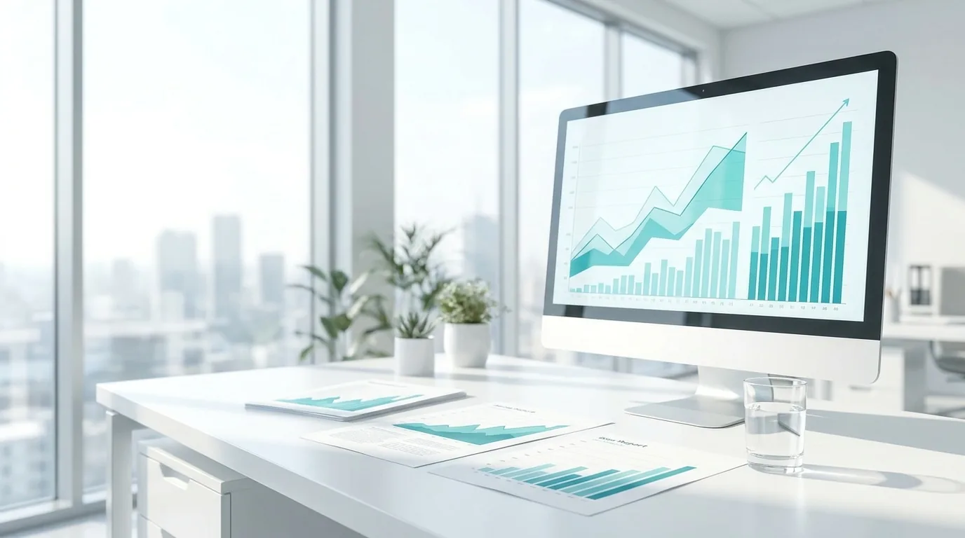 A modern office setup shows financial charts on a computer, representing data and insights for vocational education.