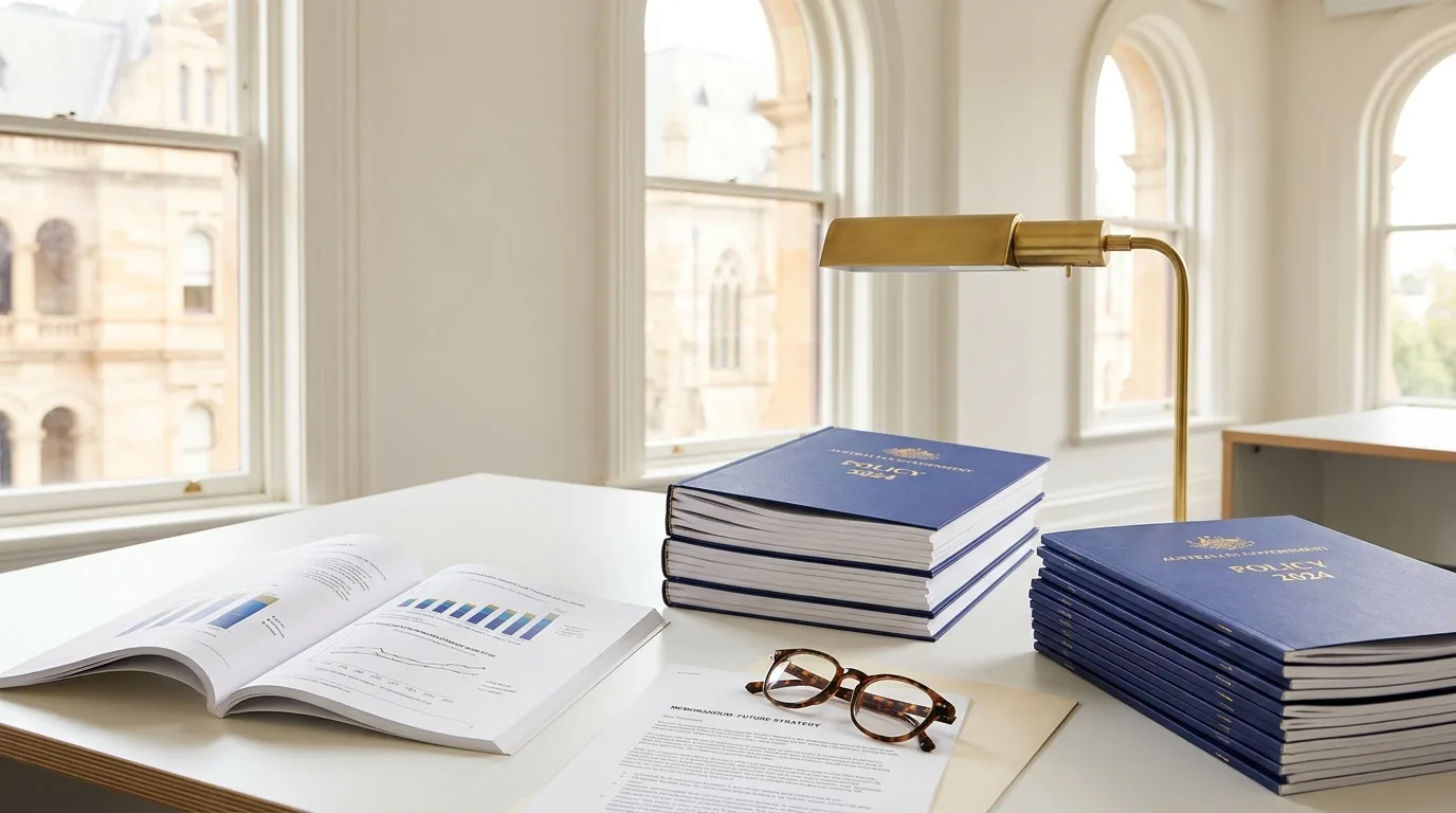 A desk displays policy documents, charts, and glasses near a window, reflecting current vocational education topics.