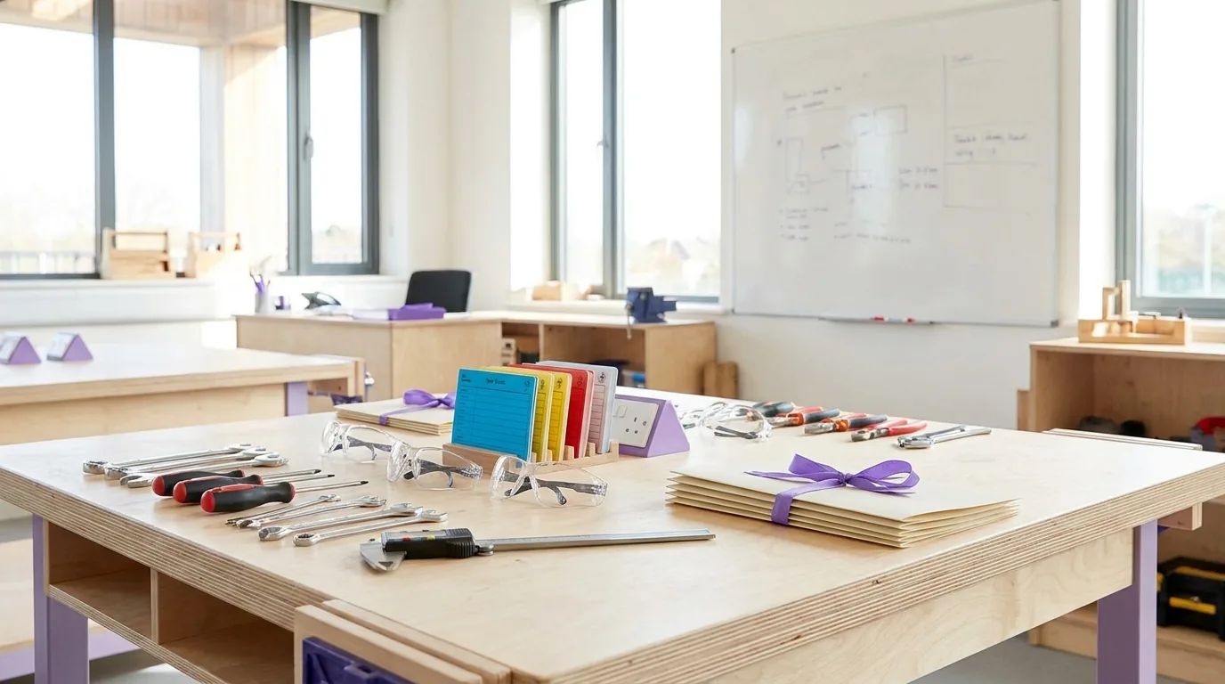 A classroom workshop shows workbenches with tools, illustrating vocational training.